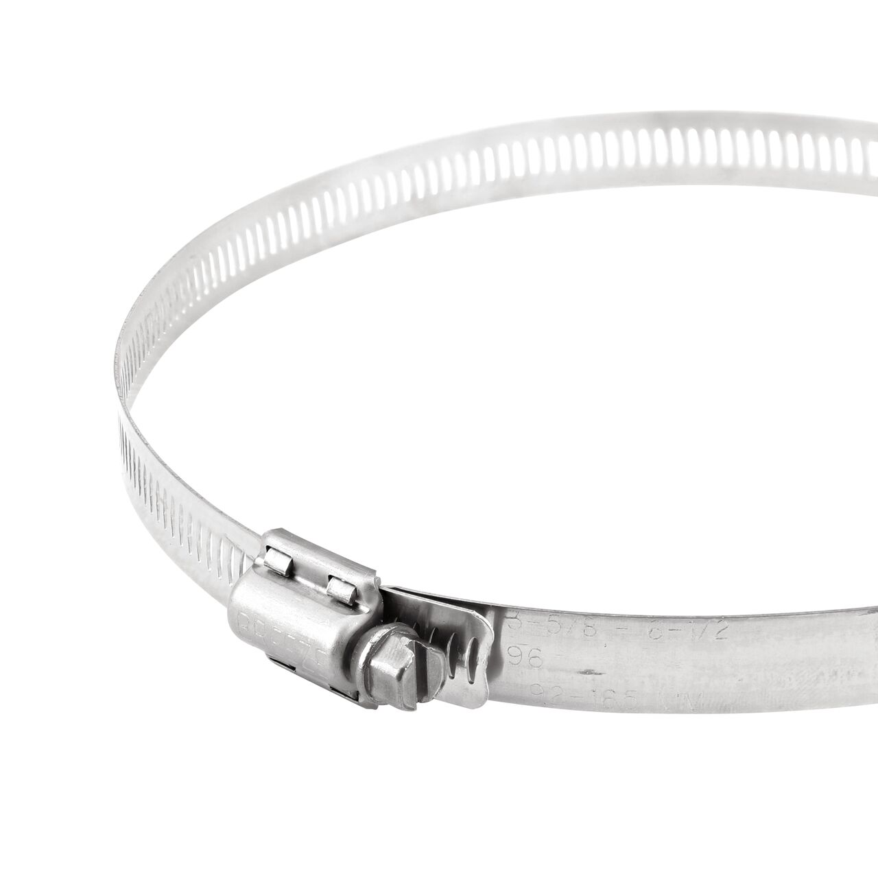 Closeup view of the NDS SAE 96 Worm Drive Hose Clamp with Aero Seal 1/2 in. band width (NDS 64096H) with a 5/16 in. 410 Stainless Steel hex screw; tighten to 30-45 in. lbs. torque to close