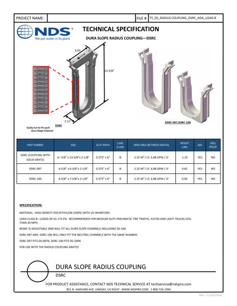 NDS Dura Slope® Channel Drain EZ-Track Radius Coupling Tech Spec