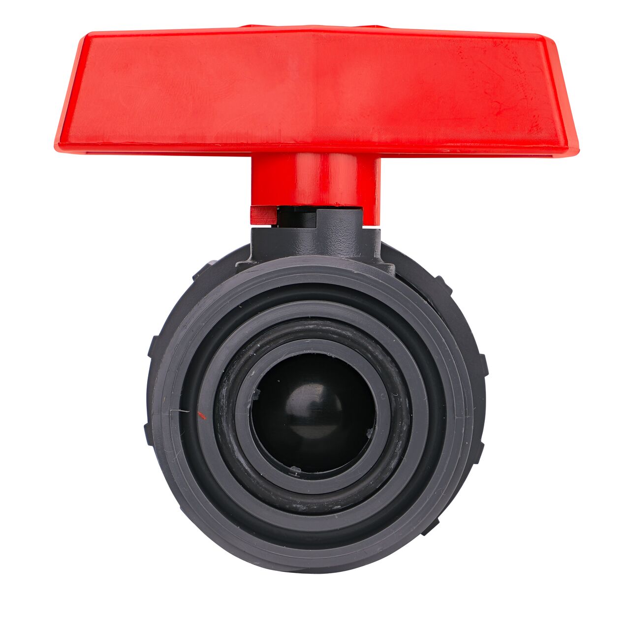 The The 1 in. PVC Slip & Threaded True Union Ball Valve shown with the connection end removed with the handle in the half-way closed position to show how ball valve provides a shut off point in the system (NDS BTU-1000-E)