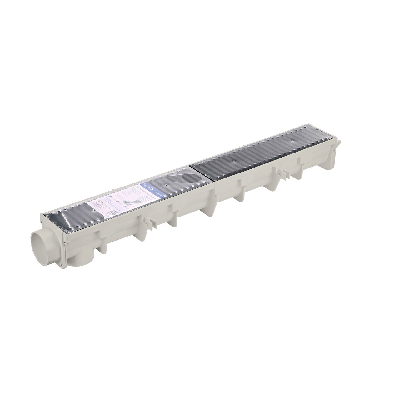 Remove the bag on the NDS Neutral Dura Slope Channel Drain Kit and you will see grates are secured with shrinkwrap and each end piece already screwed onto drain with end outlet facing the camera (NDS DS-091NDIKIT)
