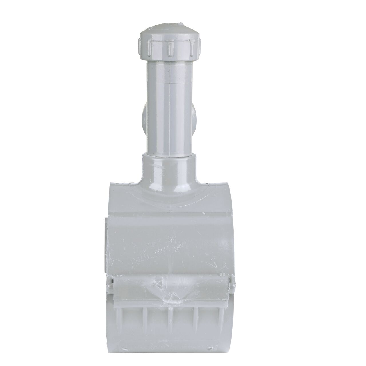 Side view showing hinged side of the 6 in. NDS Flo-Tap™ Rigid PVC Saddle with a 1-1/2 in. Socket or 2 in. spigot connection on top (NDS 3260)