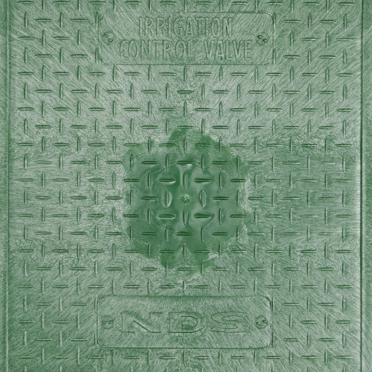 Closeup view of the NDS logo and Irrigation Control Valve markings on the Green  cover for the NDS 14 X 19 in. Rectangular Standard Series Valve Box (NDS 115)