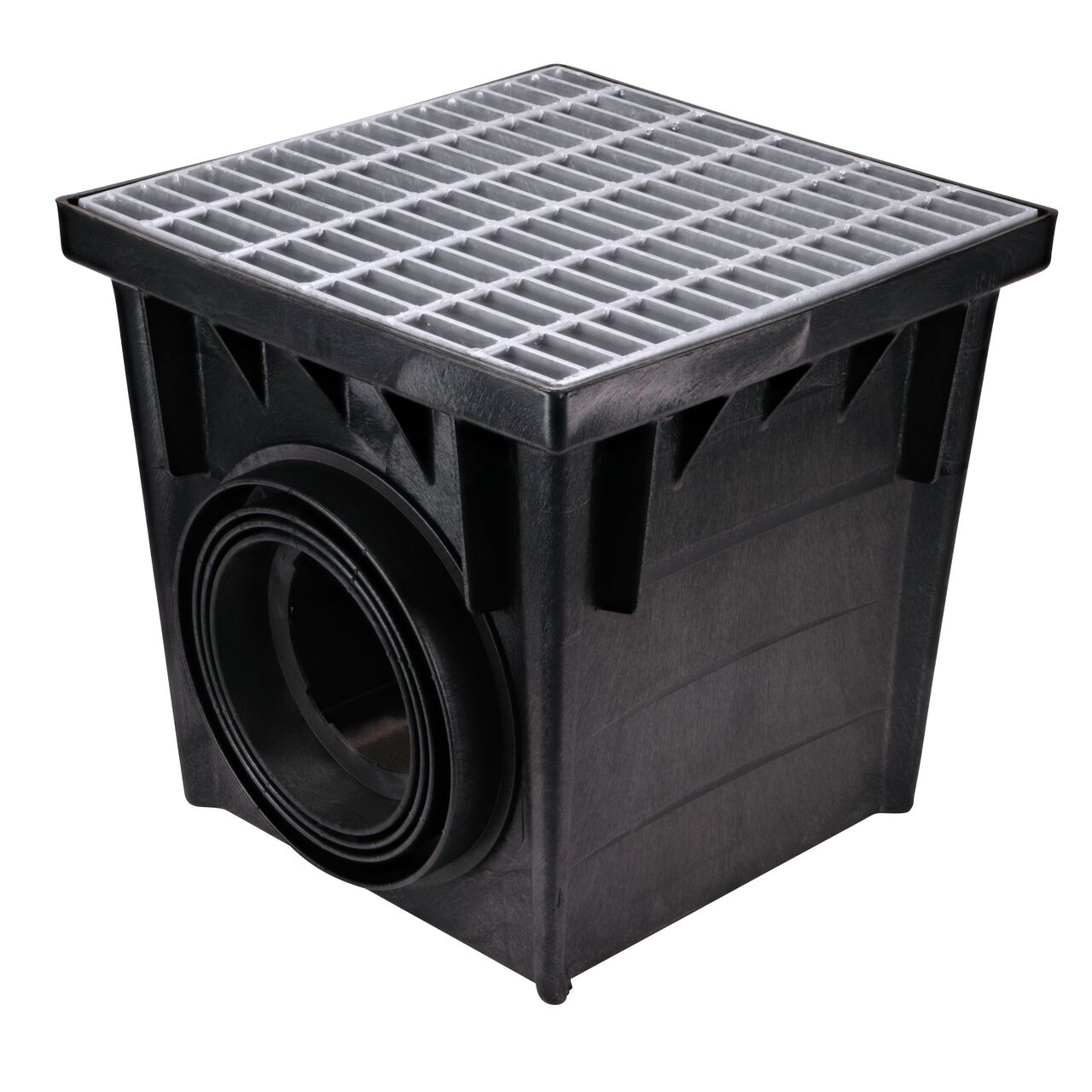 The NDS 24 in. Square Catch Basin Drain Grate, Galvanized Steel (NDS 2415) installed on 24 in. catch basin (NDS 2400) with adapter (NDS 2410) installed