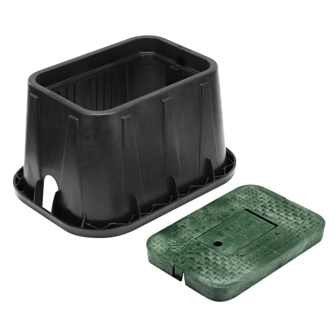 Unassembled View of the NDS 14 in. X 19 in. Rectangular Standard Series meter box with universal locking mechanism enabling a variety of bolts and screws to be used to secure the covers, and Green Water Meter Drop-in lid cover (NDS D1200-DIRG) with Plastic reader door