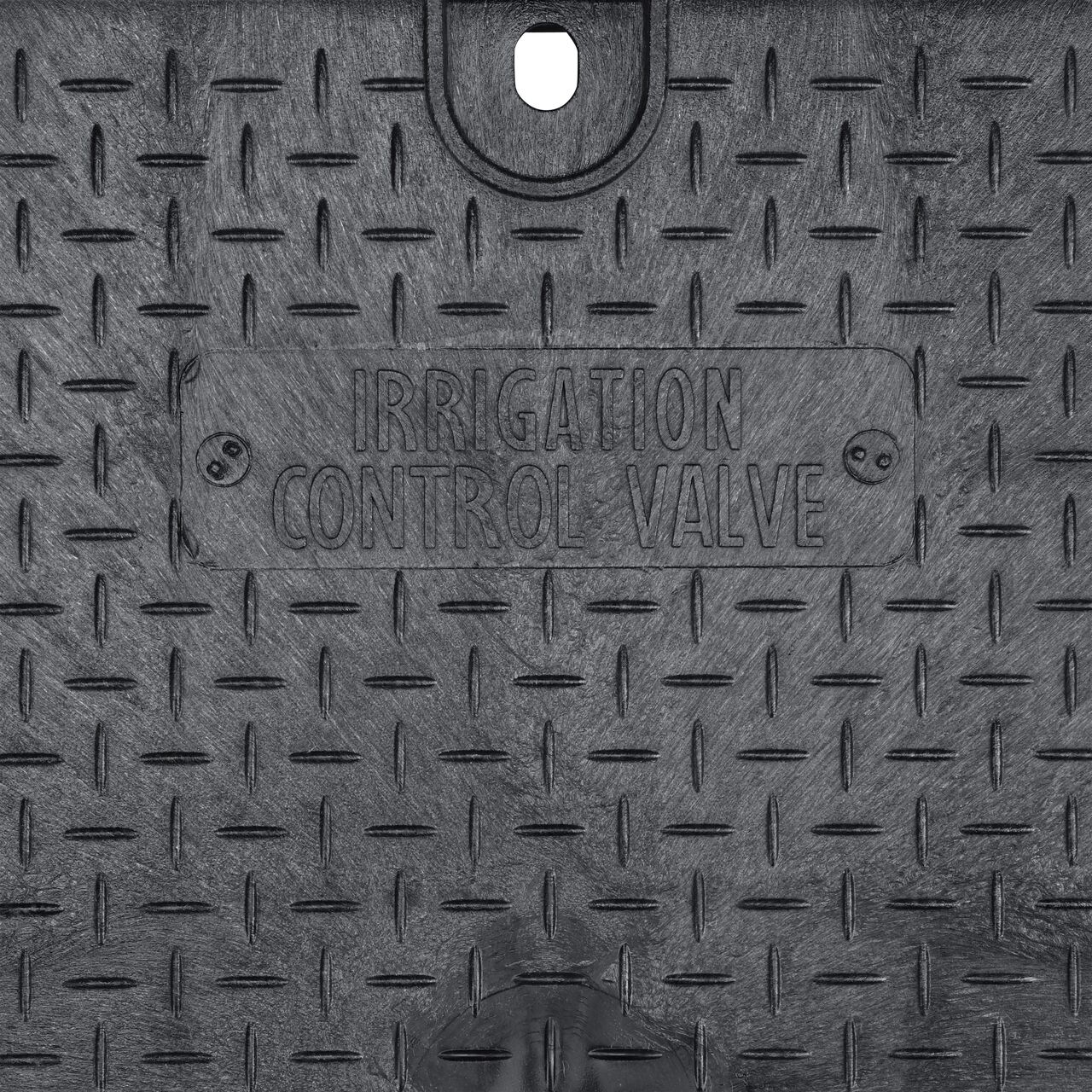 Closeup view of the Irrigation Control Valve markings on the Black Irrigation Control Valve cover for the NDS 14 X 19 in. Rectangular Standard Series Valve Box (NDS 113BCBLK)