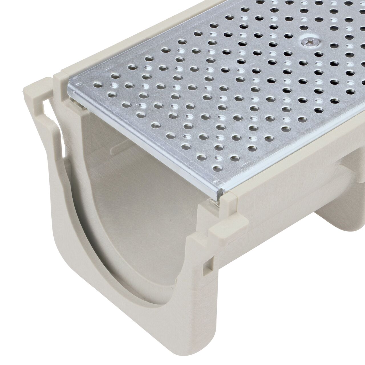 Closeup View of the Galvanized Steel Perforated Dura Slope™ Channel Drain Grate (NDS DS-228) installed on the Dura Slope Channel Drain (NDS DS-091)