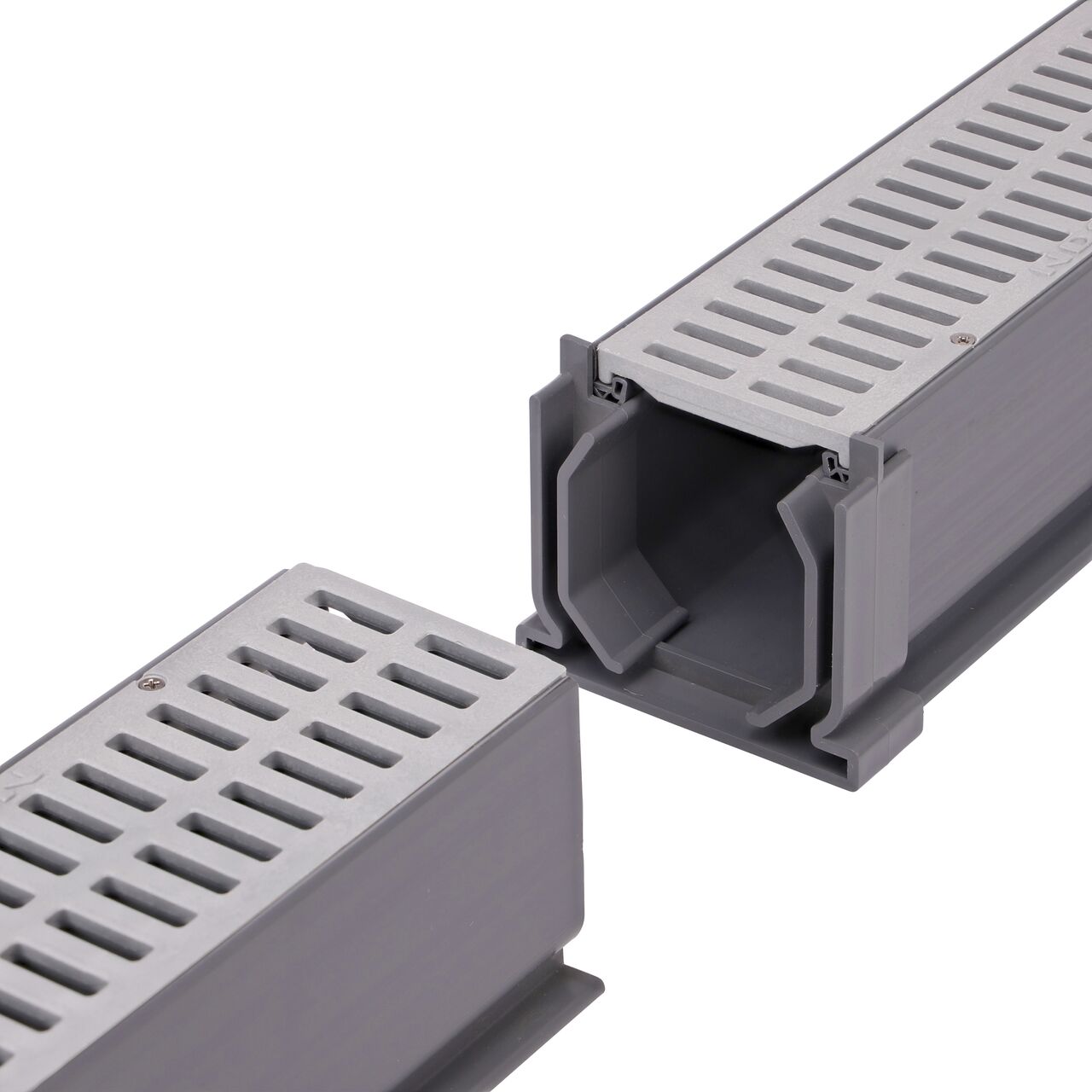 Step 2: Connect the Mini Channel™ Drain Coupling (NDS 548) to the first Mini Channel™ Drain (NDS 500) with gray grate (NDS 541) for a secure fit
