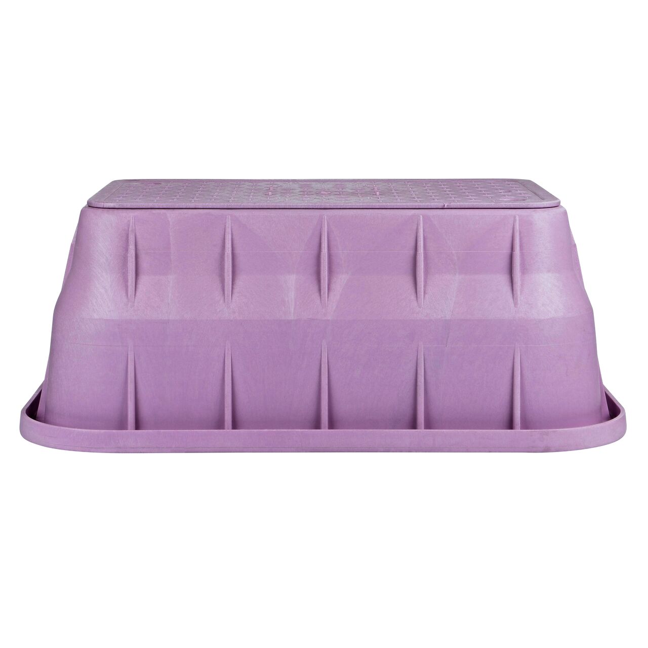 Side view of the longer length side of the NDS 13 in. X 24 in. Rectangular Pro-Spec® Series Valve Box & Reclaimed Water Cover (NDS 322PBCBR) which is engineered for superior strength with structural reinforcing ribs