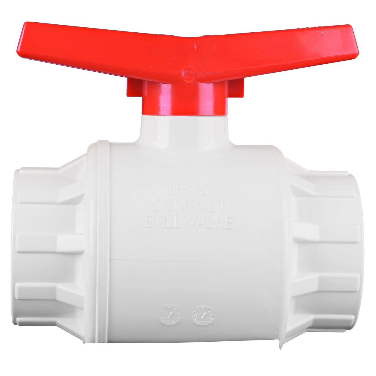 A closeup of the NDS IPS Ball Valve marking shows that works with most PVC pipe to transport water and prevent backflow of contaminated water in pressurized systems