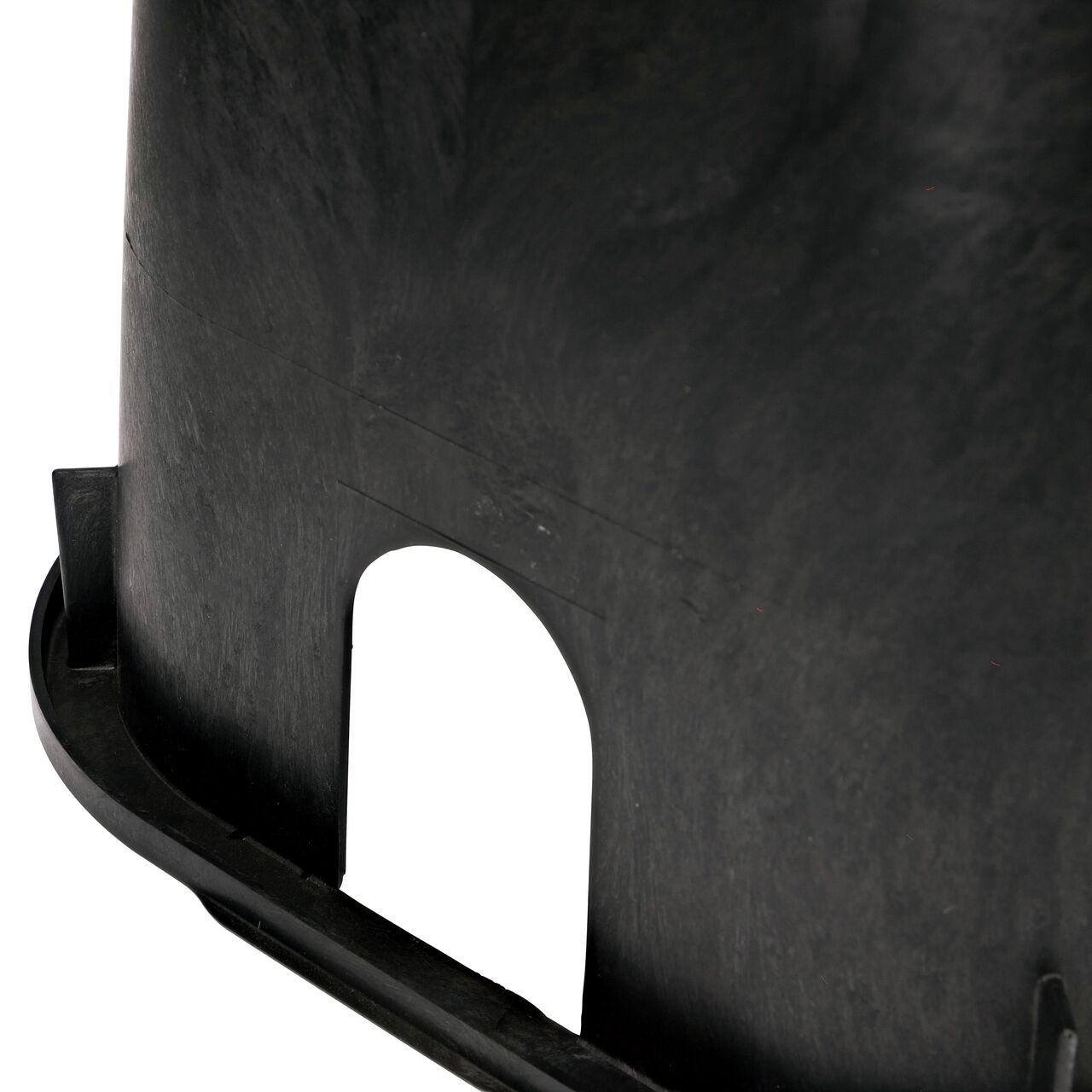 Closeup View of Black 10 x 15 x 10 in. Rectangular Meter Box PVC pipe hole; allows irrigation pipe entry into box interior (NDS D1000-RB)