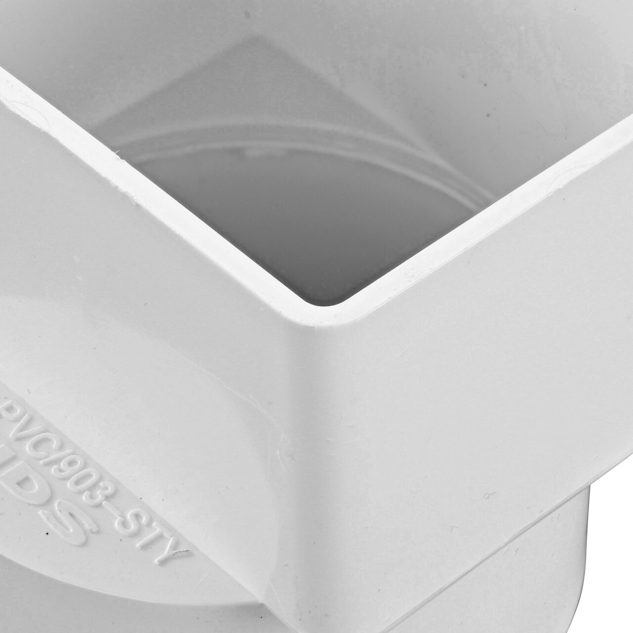 Closeup of the 3 in. S&D hub of the PVC offset downspout adapter (NDS 9P03)