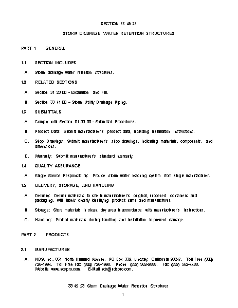 NDS Flo-Well® Dry Well System Storm Drainage Water Retention Structures Written Spec