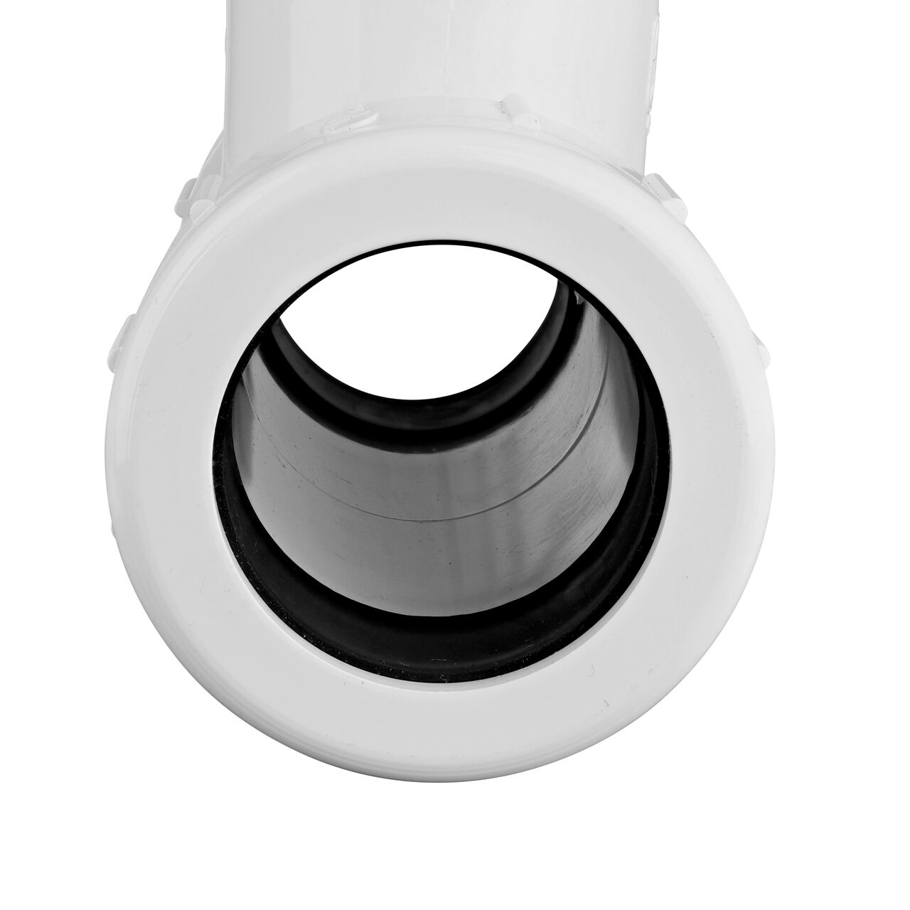 The NDS 1-1/2 in. IPS UC X FPT Compression Tee showing the gasket inside the adjustable nut that secures it in place once installed (NDS CPT-1500-T)