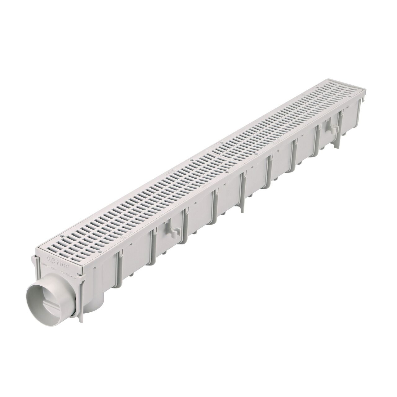 Bottom view of NDS  5 in. Pro Series Channel Drain featuring side ribs, stabilizing ribs, and built-in saw guide (NDS 864G*, NDS M864G, NDS 864GMTLRTL, NDS 864, NDS 800)