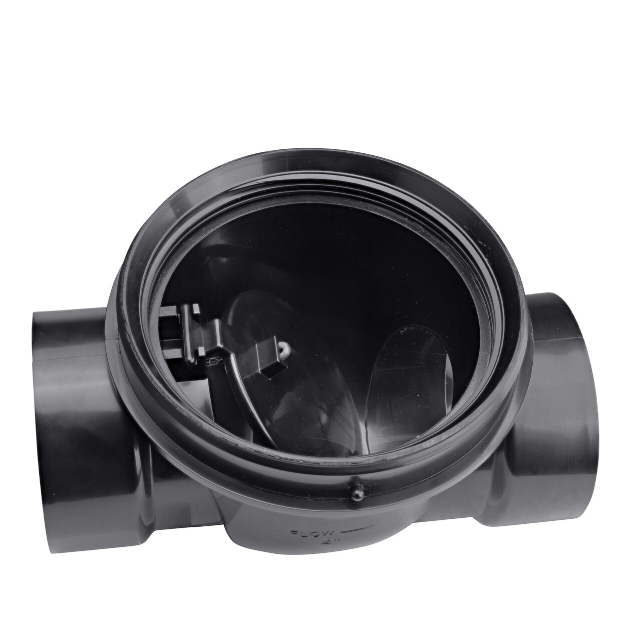 The flapper open inside of the NDS Black 4 in. ABS Backwater Valve (NDS 475) controls the flow of water
