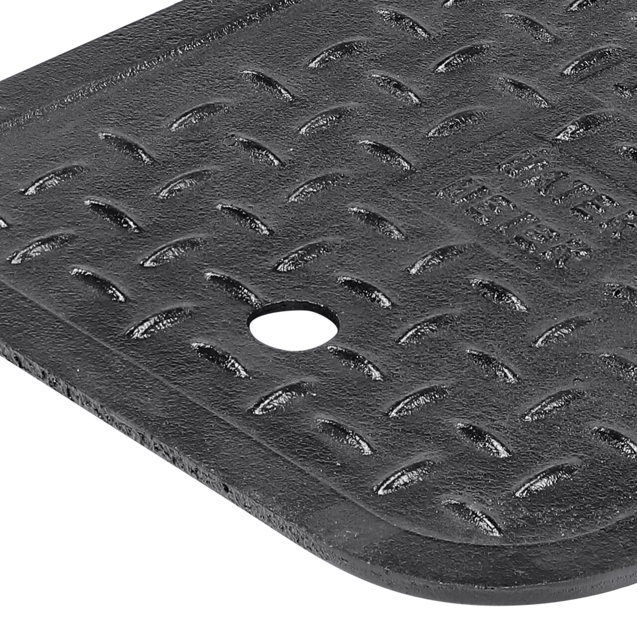 Closeup view of the Cast Iron reader door opened with the finger hole on the Black Cast Iron Water Meter Overlapping cover (NDS D1200-CIL) for the NDS 14 in. X 19 in. Rectangular Standard Series Meter Box