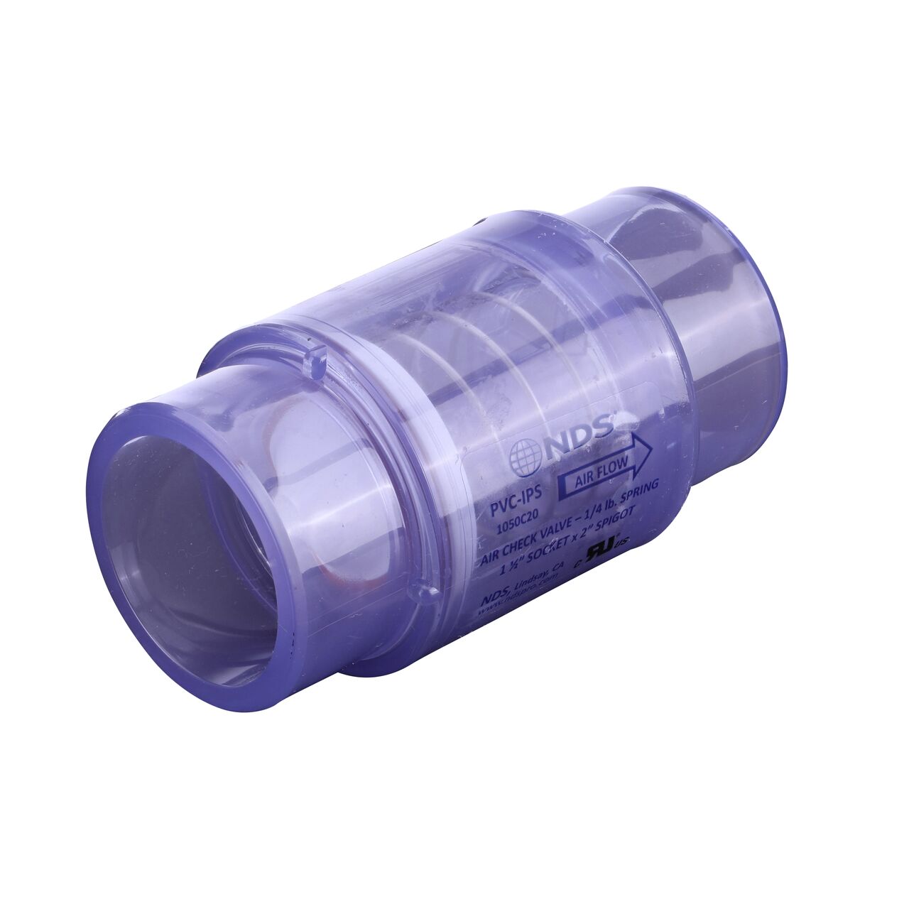 NDS Clear 1-1/2 inch slip end by 2 inch spigot end PVC Air Check Valve (NDS 1050C20)