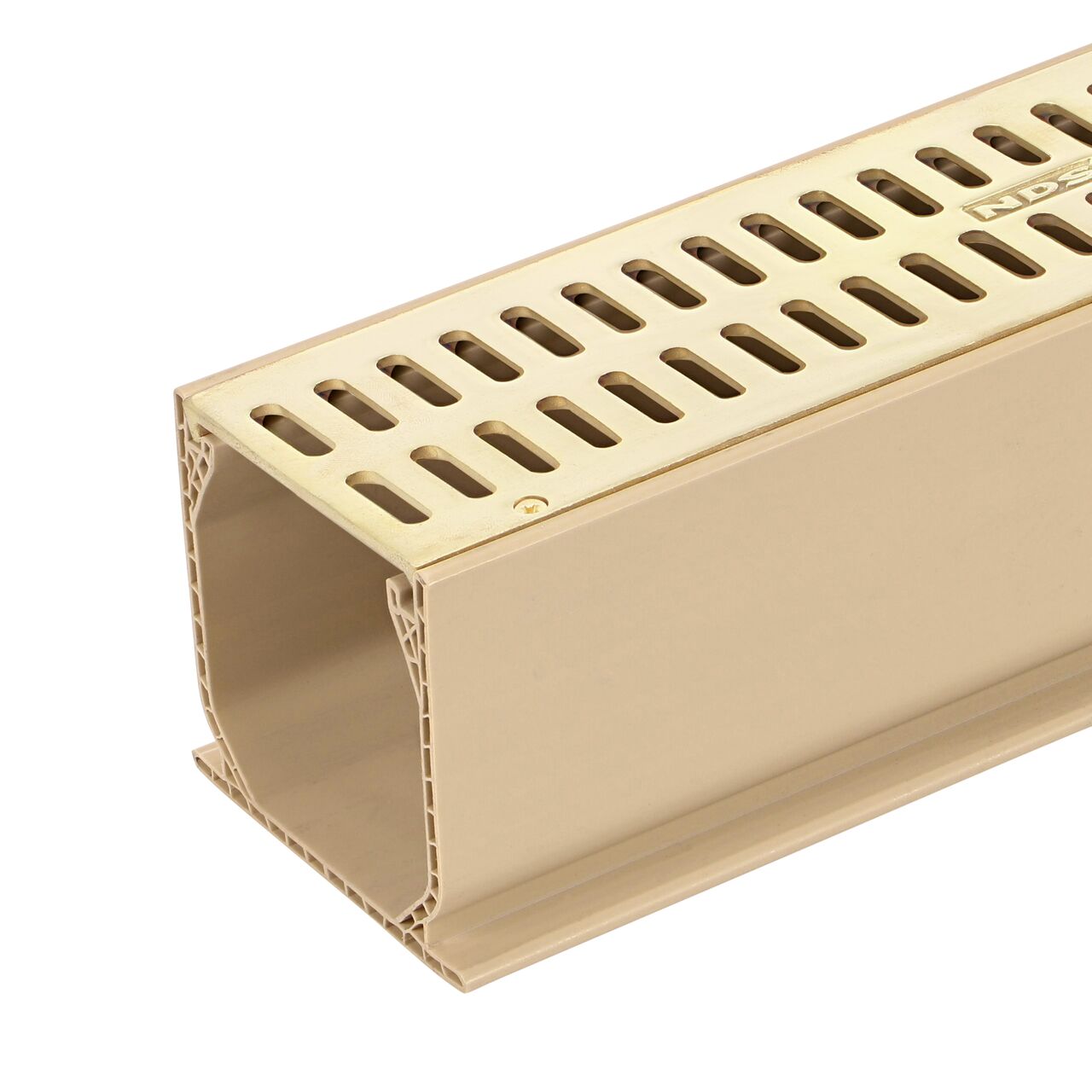 Closeup of the screw fastened to the NDS Polished Bras 3-1/16 in. wide X 6 ft. long Mini Channel™ Drain (NDS 500S) with polisheed brass grate (NDS 544)