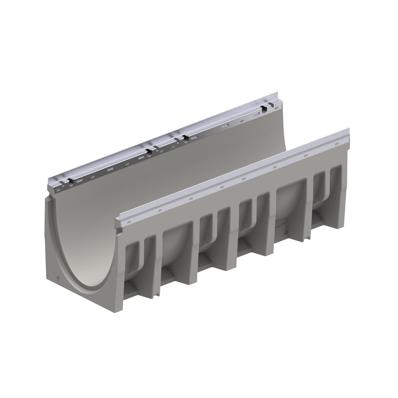 BG-FILCOTEN® by NDS® pro V 300 Trench Channel Drain with Galvanized Steel Rails (NDS 10630200) is made of high-performance concrete (HPC) which is lighter than most conventional concrete channels for lower transport costs, easier handling, and faster installation shown here with the male interlocking end in front