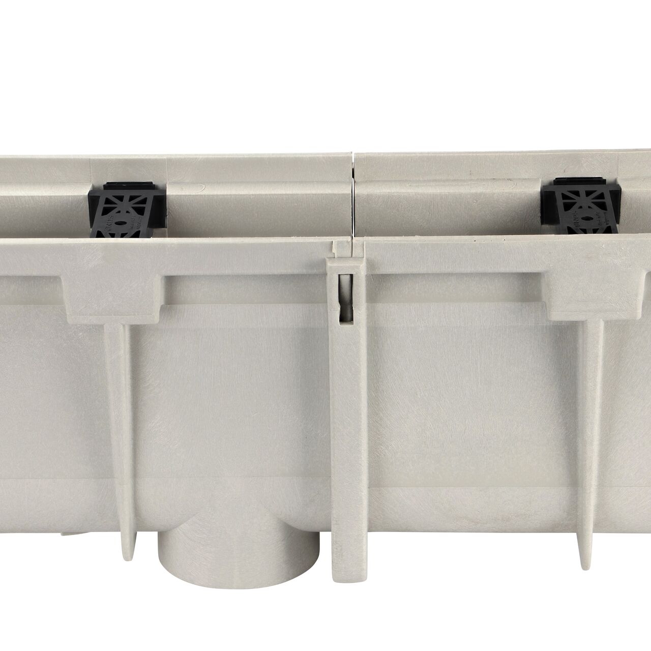 Securely lock the male end on the smaller channel into the female end of the larger channel of the Dura Slope™ Channel Drain system, shown here with deeper drains (NDS DS-103, NDS DS-103N, NDS DS-104, NDS DS-105, NDS DS-106, NDS DS-106N, NDS DS-107, NDS DS-108, NDS DS-109, NDS DS-109N, NDS DS-110, NDS DS-111, NDS DS-112, NDS DS-112N, NDS DS-113, NDS DS-114)