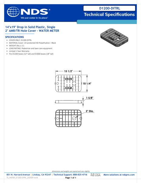 NDS 14 in. X 19 in. Rectangular Meter Box Drop-in AMR Cover, Black Water Meter with 2 in. Touch Reader Hole Tech Spec
