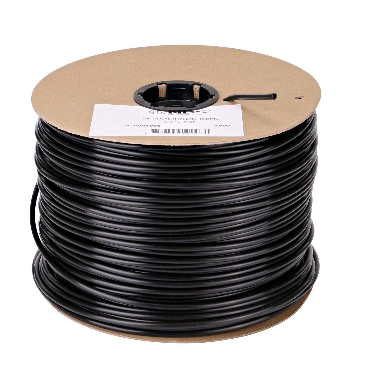 The 1000 foot to 2500 foot coils of the black 1/4 in. Poly Distribution Tubing comes labeled and packaged on a cardboard spool for easy storage and handling