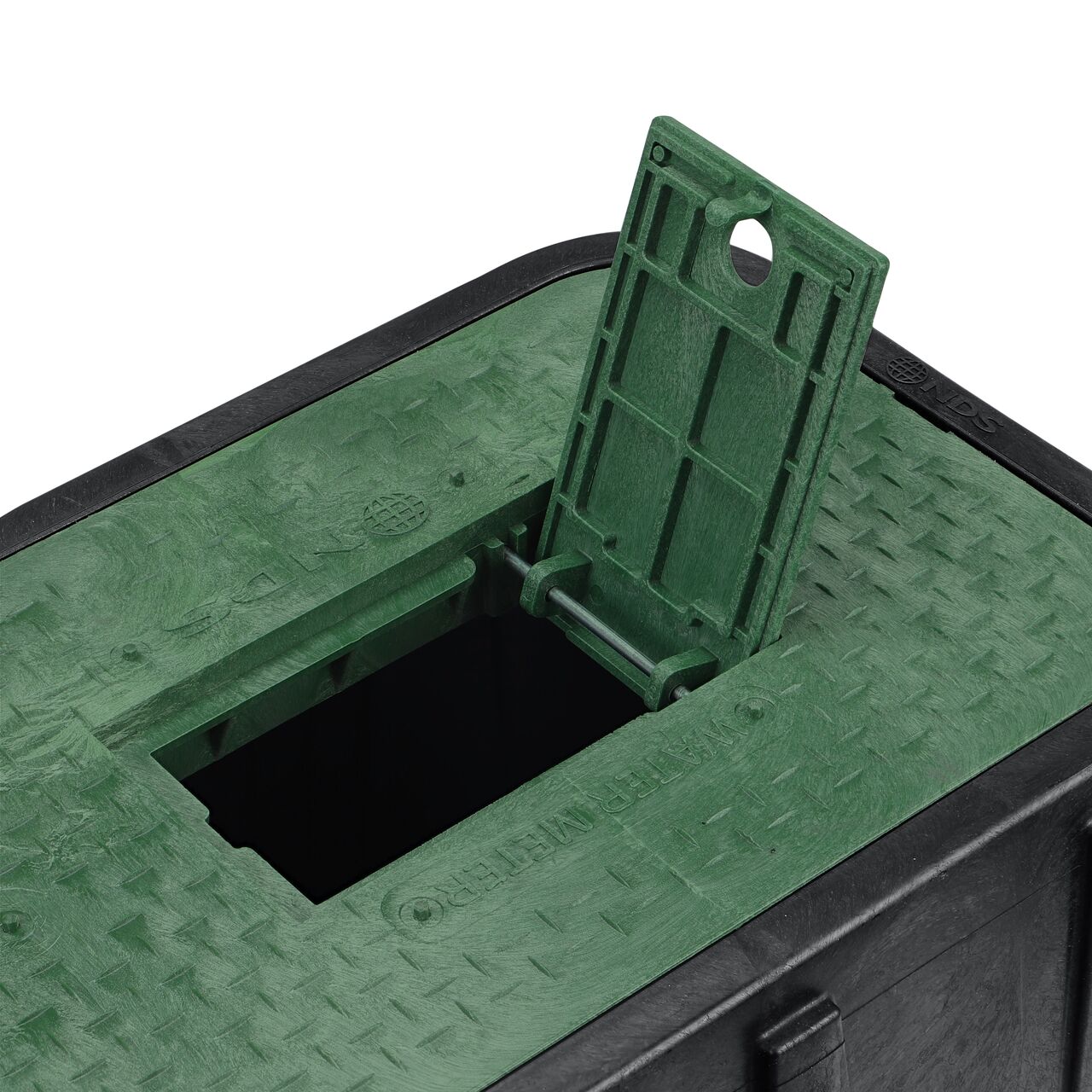 Closeup view of the Plastic reader door opened on the NDS 14 in. X 19 in. Rectangular Standard Series Meter Box & Water Meter Cover (NDS D1200-DIRG) to show how reader provides easy access to meter readers