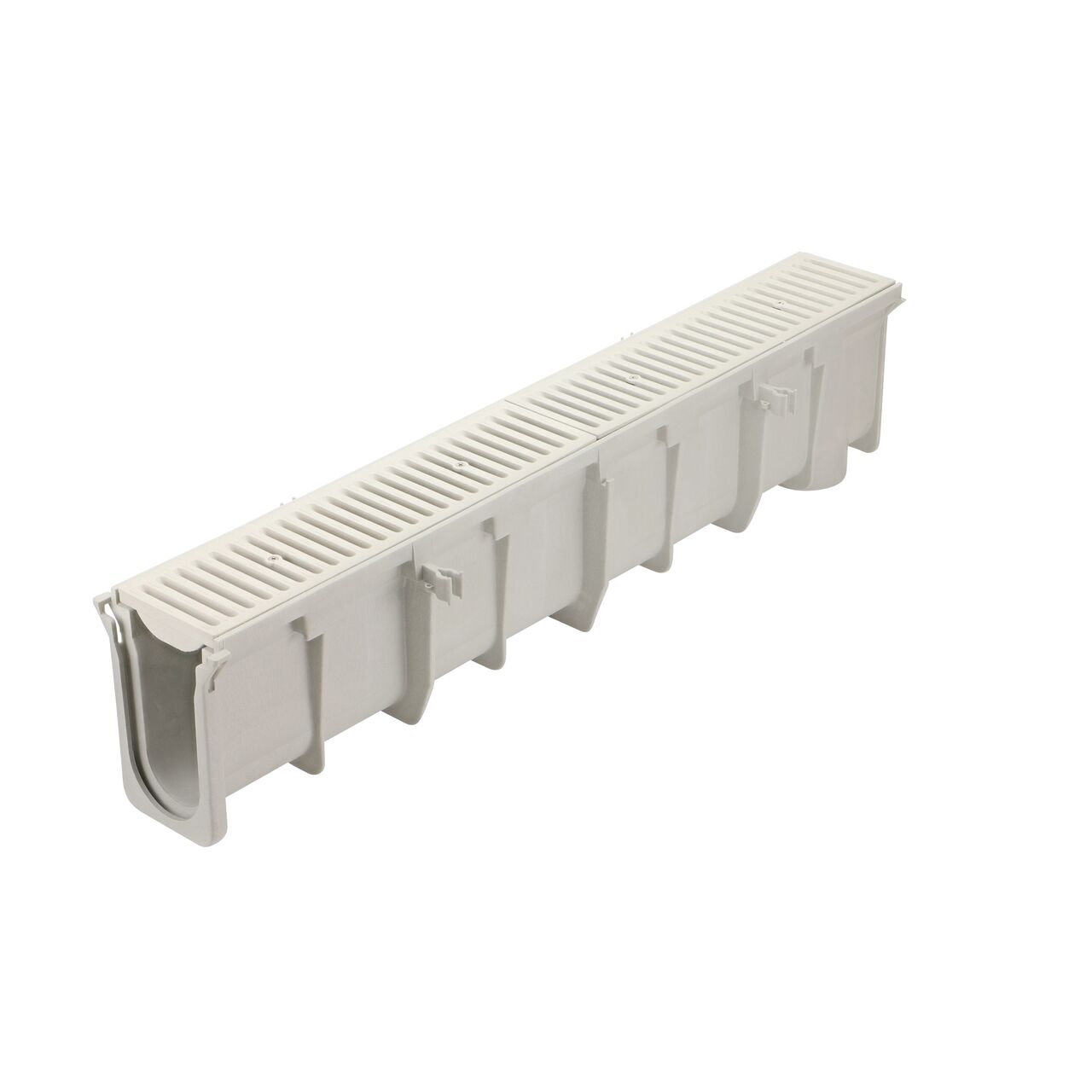 The NDS 8.70 in. to 9.04 in. Deep Dura Slope Channel (NDS DS-105) with two Standard Duraslope Light Gray Grate installed (NDS 661LG)