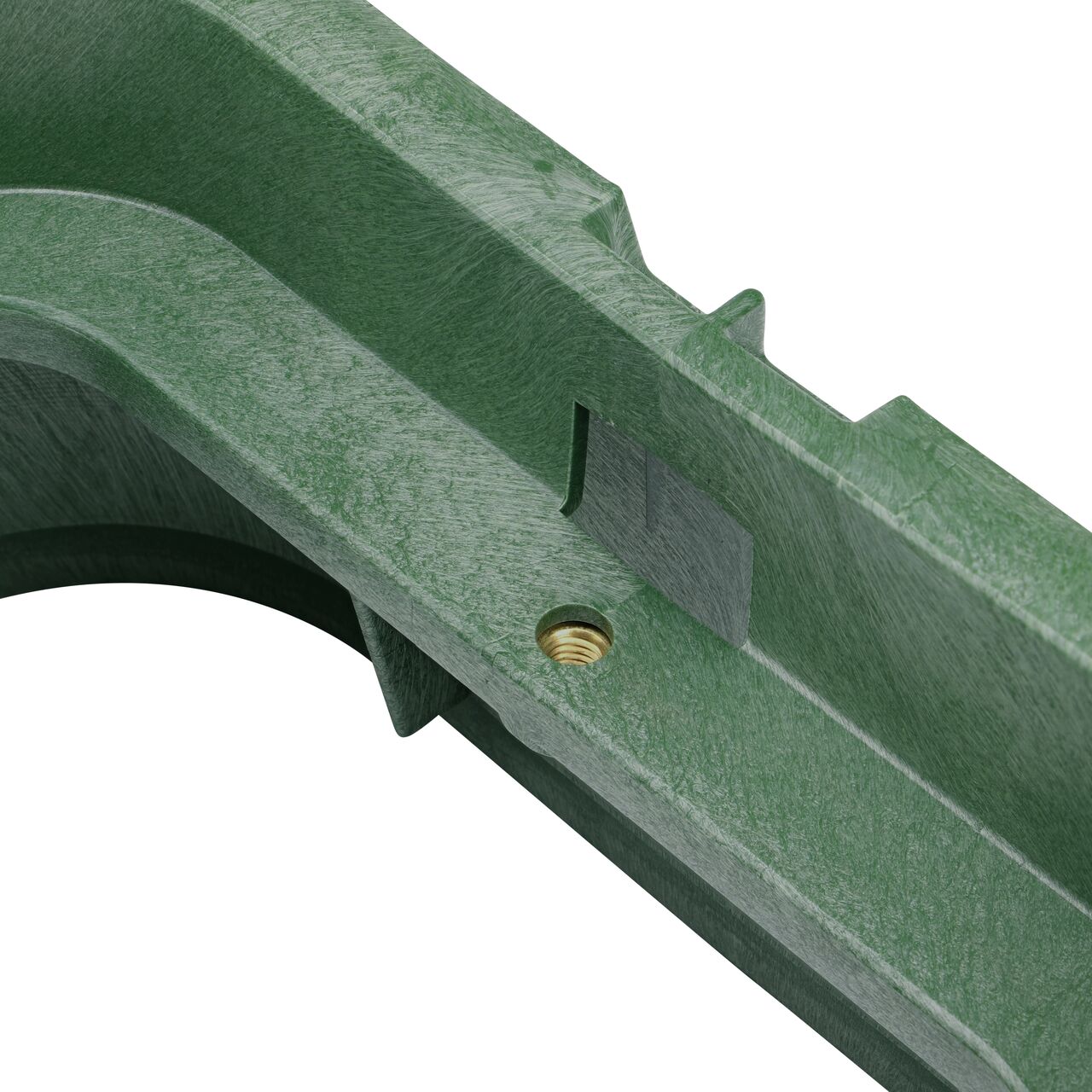 Closeup view on the bolt hole on the NDS Green plastic 14 X 19 in. Rectangular Standard Series Valve Box Extension (NDS 114-6)