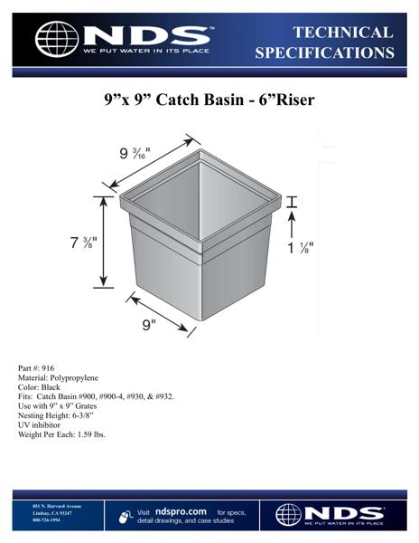 NDS 6 in. Riser for 9 in. Square Catch Basin Drain Tech Spec