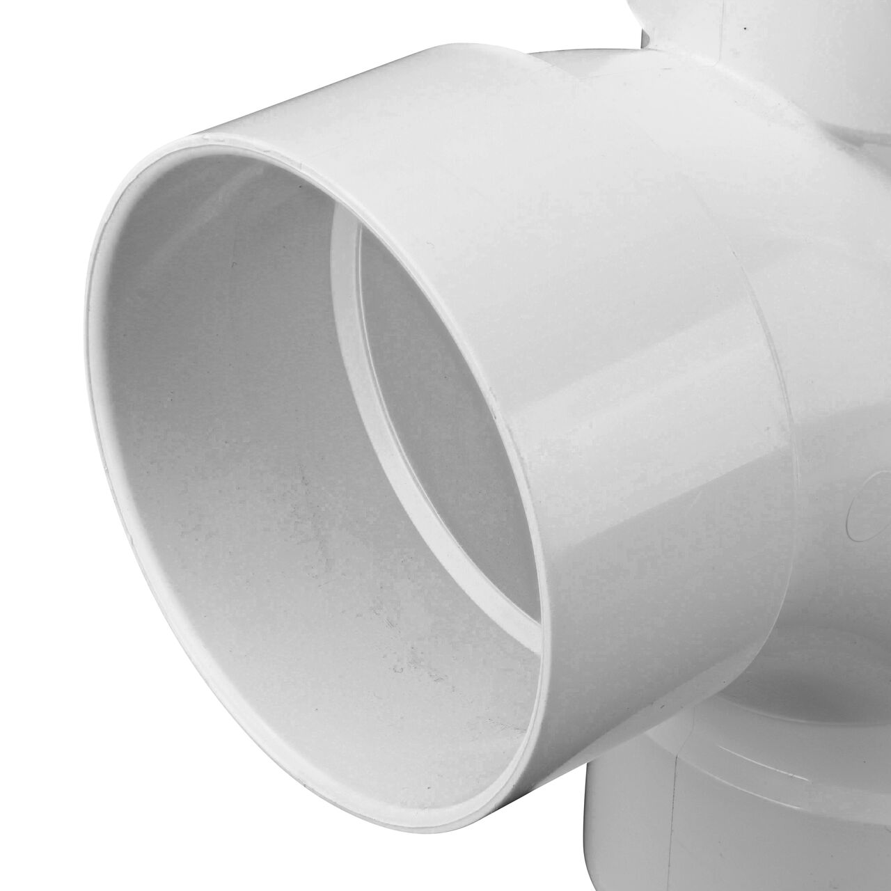 Closeup of the middle tee connection point on the NDS PVC sanitary tee for 3 inch sewer and drain pipes (NDS 3P09)