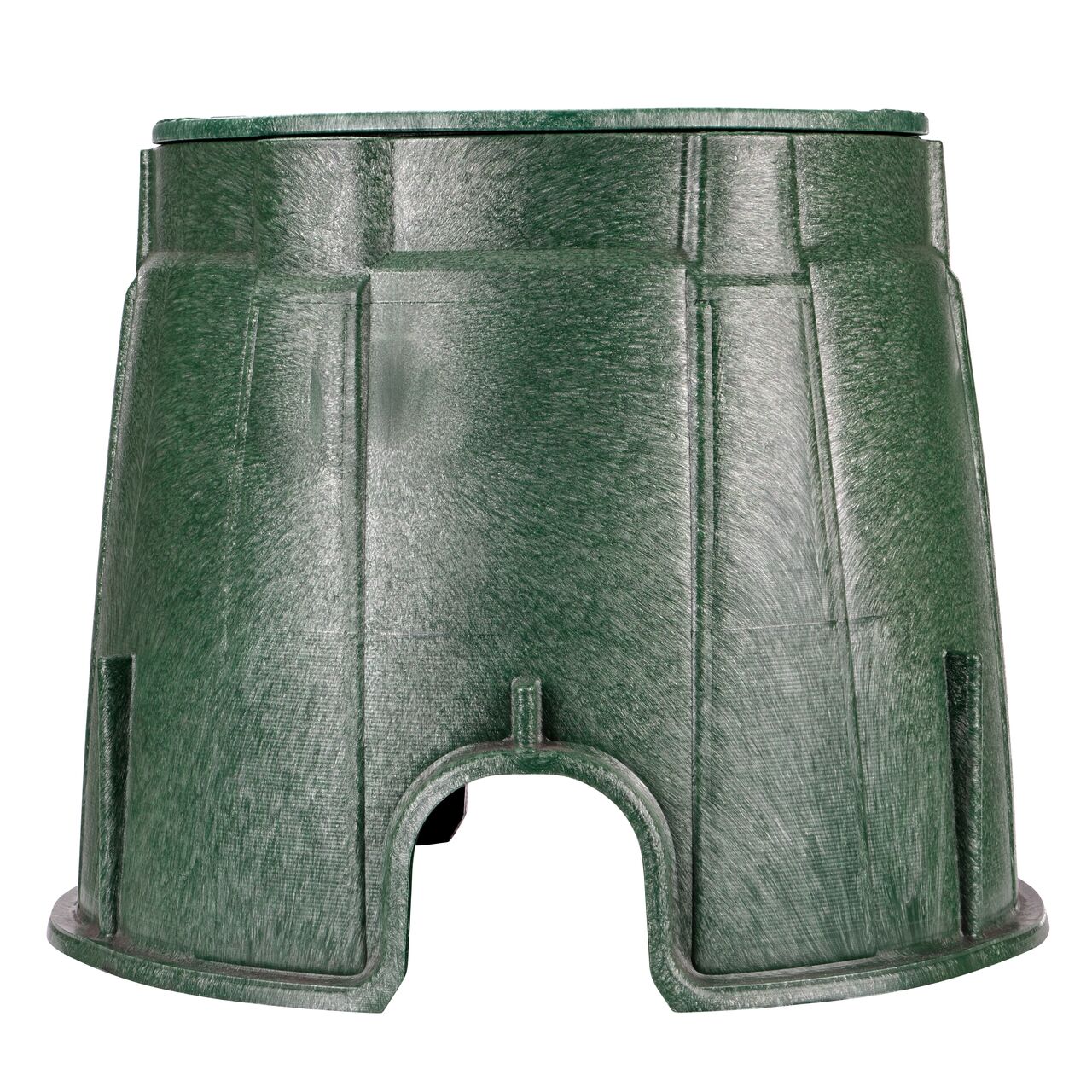 Side view of the NDS 10 in. Round Pro-Spec® Series Valve Box & Sewer Cover (NDS 312BCBS) rugged enclosure that features a pipe hole for water and irrigation pipe connections