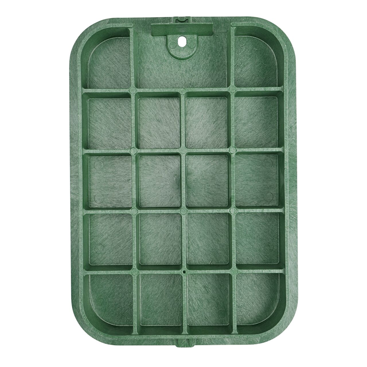 Top down view of the underside side of the Green Irrigation Control Valve cover (NDS 114BCW) for the NDS 14 X 19 in. Rectangular Standard Series valve box, showing reinforcing ribs that are load rated to withstand pedestrian traffic and the rigors of lawn care equipment