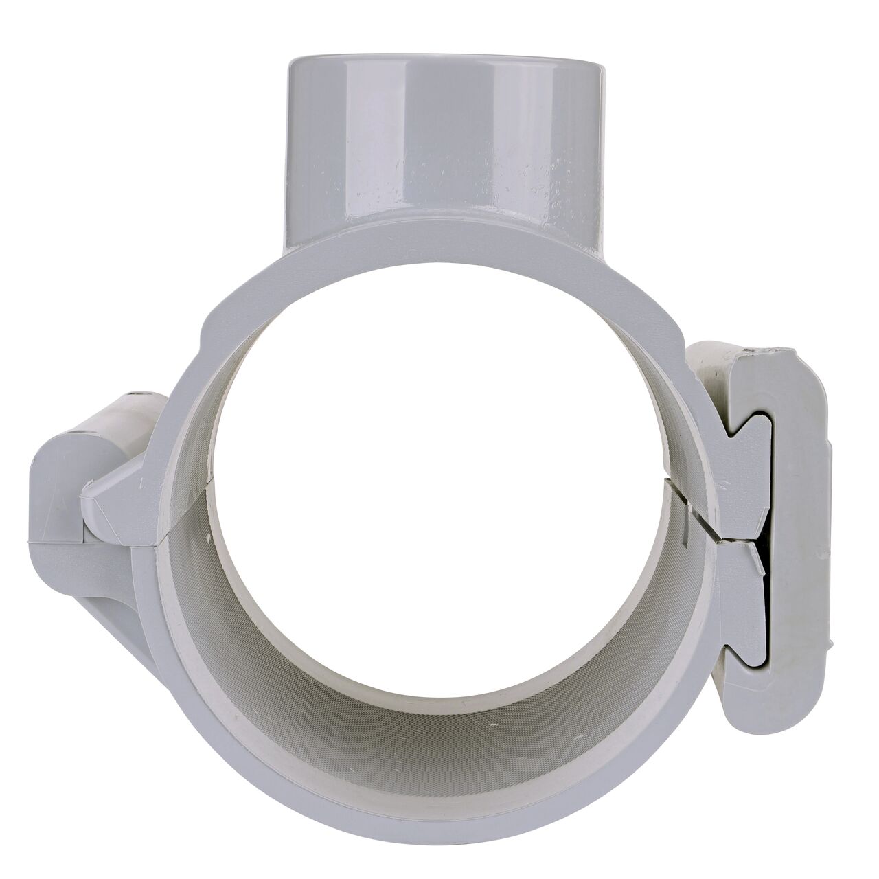 Front facing view of the NDS Clamp-It™ Rigid PVC Saddle with 2 in. slip connection on top (NDS 454020) for 4 in. PVC pipe showing both the wedge and hinge sides