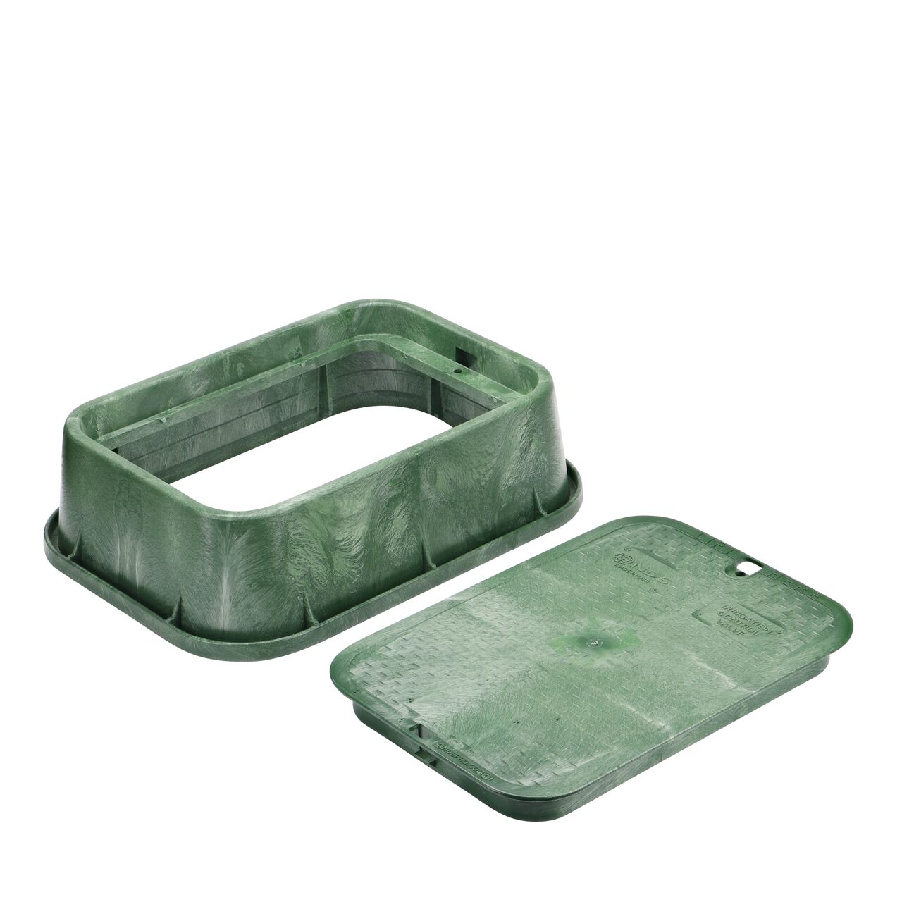 Unassembled View of the NDS 13 in. X 20 in. Green Rectangular Standard Series Jumbo valve box Extension and Green Irrigation Control Valve overlapping cover (NDS 120)