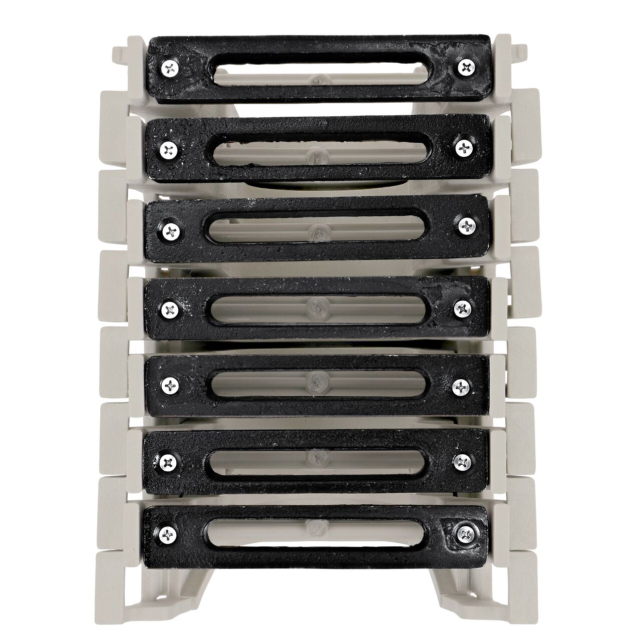 Top down view of Seven Ductile Iron Slotted Design Dura Slope™ Channel Drain EZ-Track™ Radius Coupling Grates (NDS DS-232MG) installed on seven Dura Slope EZ-Track Radius Couplings (NDS DSRC) without any turn