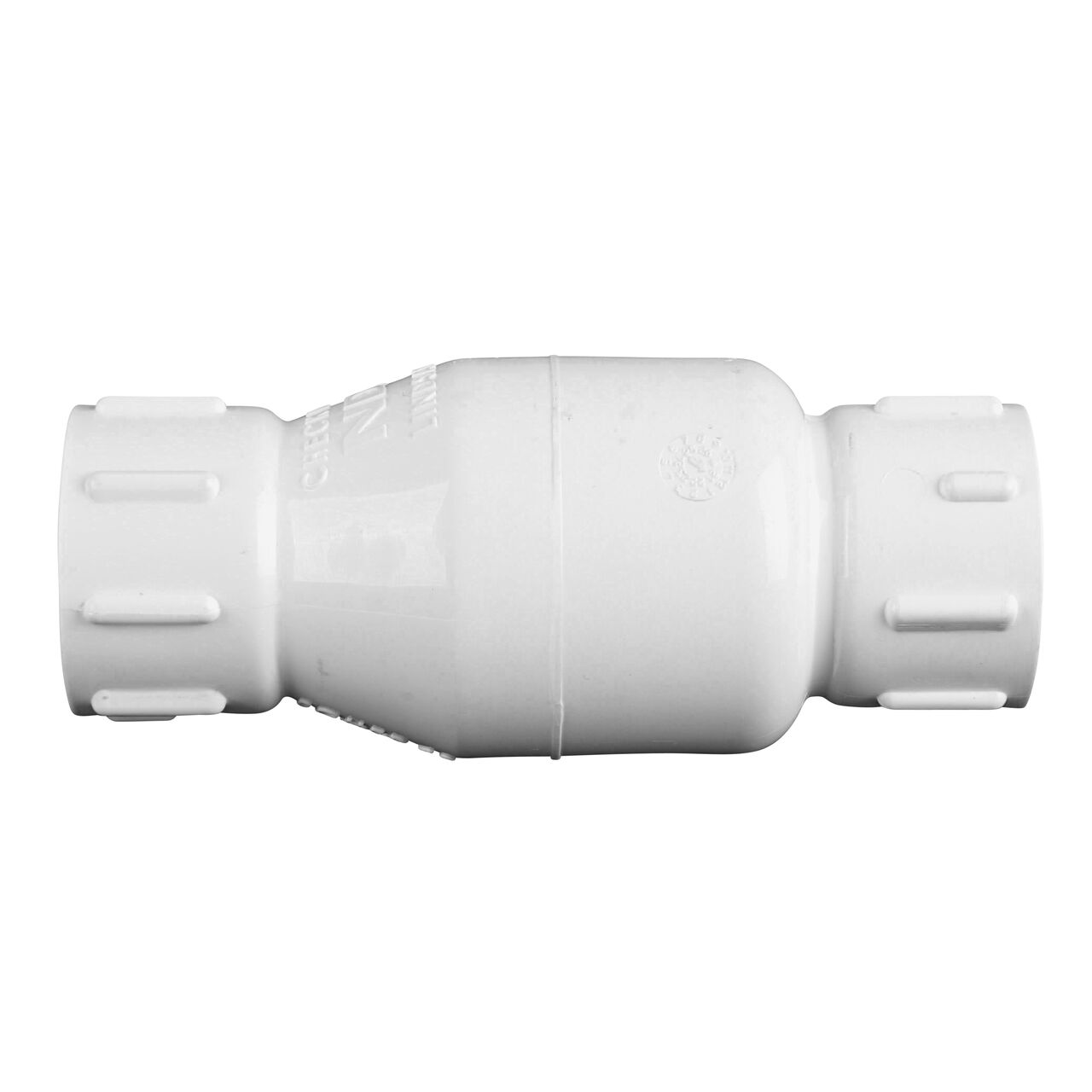 Side to side view of the NDS White 3/4 in. PVC Spring Check Valve (NDS 1011-07, NDS 1012-07)
