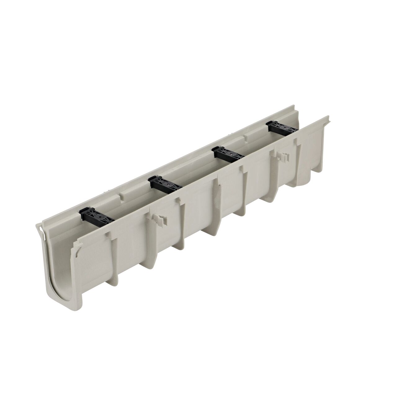 The NDS Neutral Dura Slope Channel Drain is 8.37 in. Deep, with groove joints facing camera (NDS DS-103N)