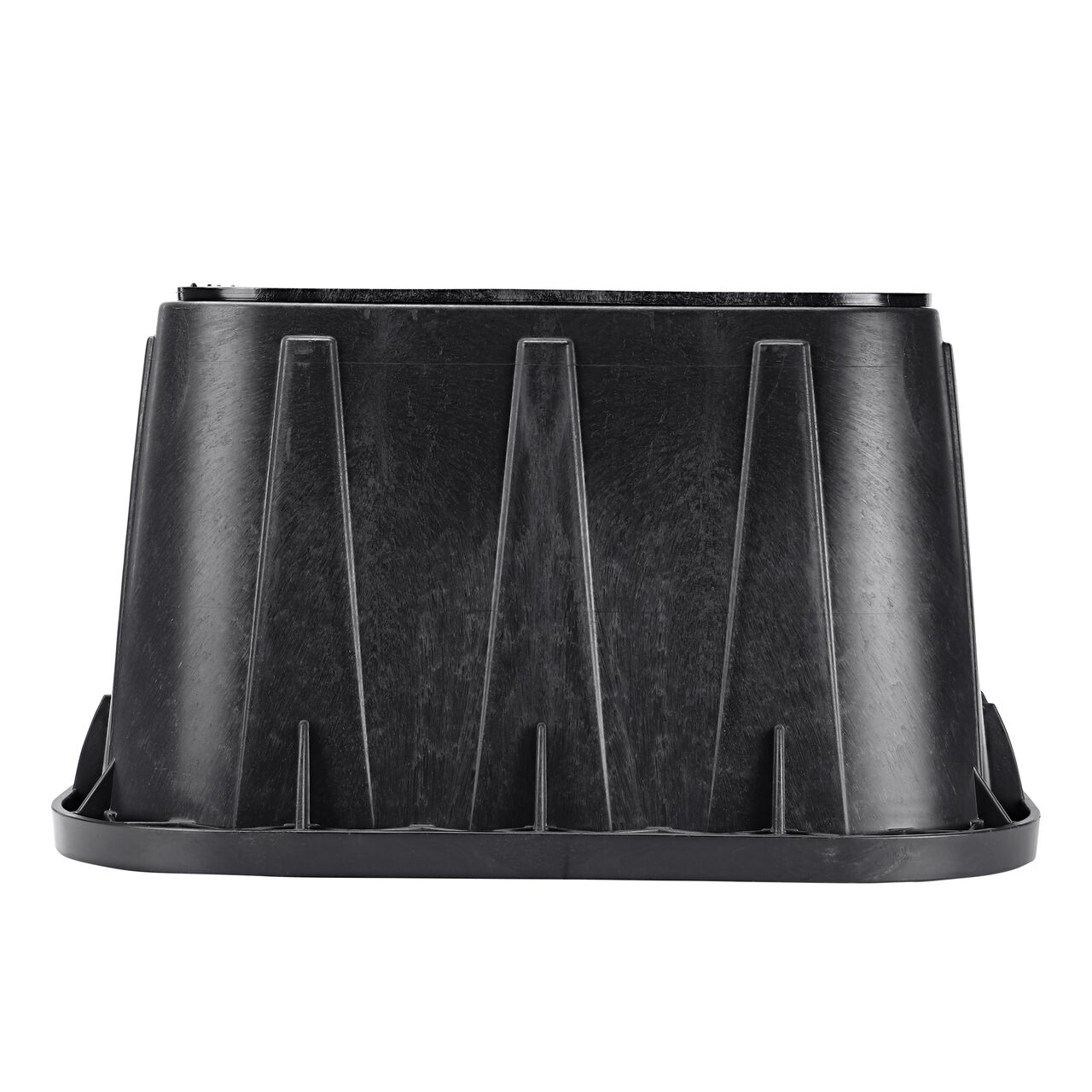 Side view of the longer length side of the NDS 14 in. X 19 in. Rectangular Pro-Spec® Series Valve Box & Reclaimed Water Cover (NDS 313BCBRBLK) which is engineered for superior strength with structural reinforcing ribs