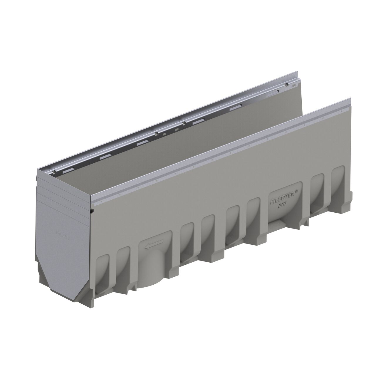 The galvanized steel BG-FILCOTEN® by NDS® 200 Trench Drain End Outlet (NDS 19020216) installed on the male interlocking end of the deep 8 in. BG-FILCOTEN® pro V 200 Trench Drain with Galvanized Steel Rails