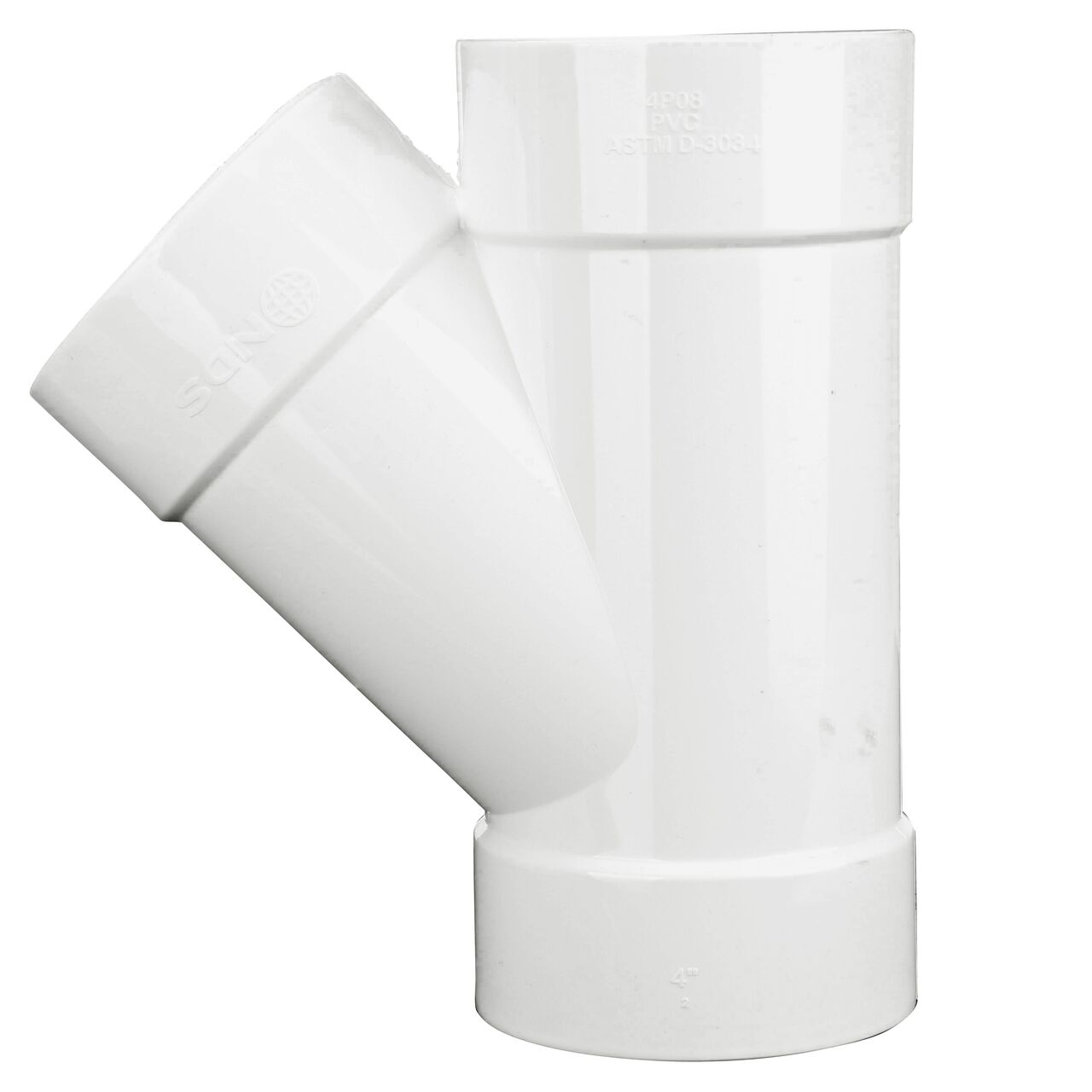 Vertical side view of the NDS 4 in. PVC Sewer and Drain 45° Wye (NDS 4P08C*, NDS 4P08*, NDS 4P08)