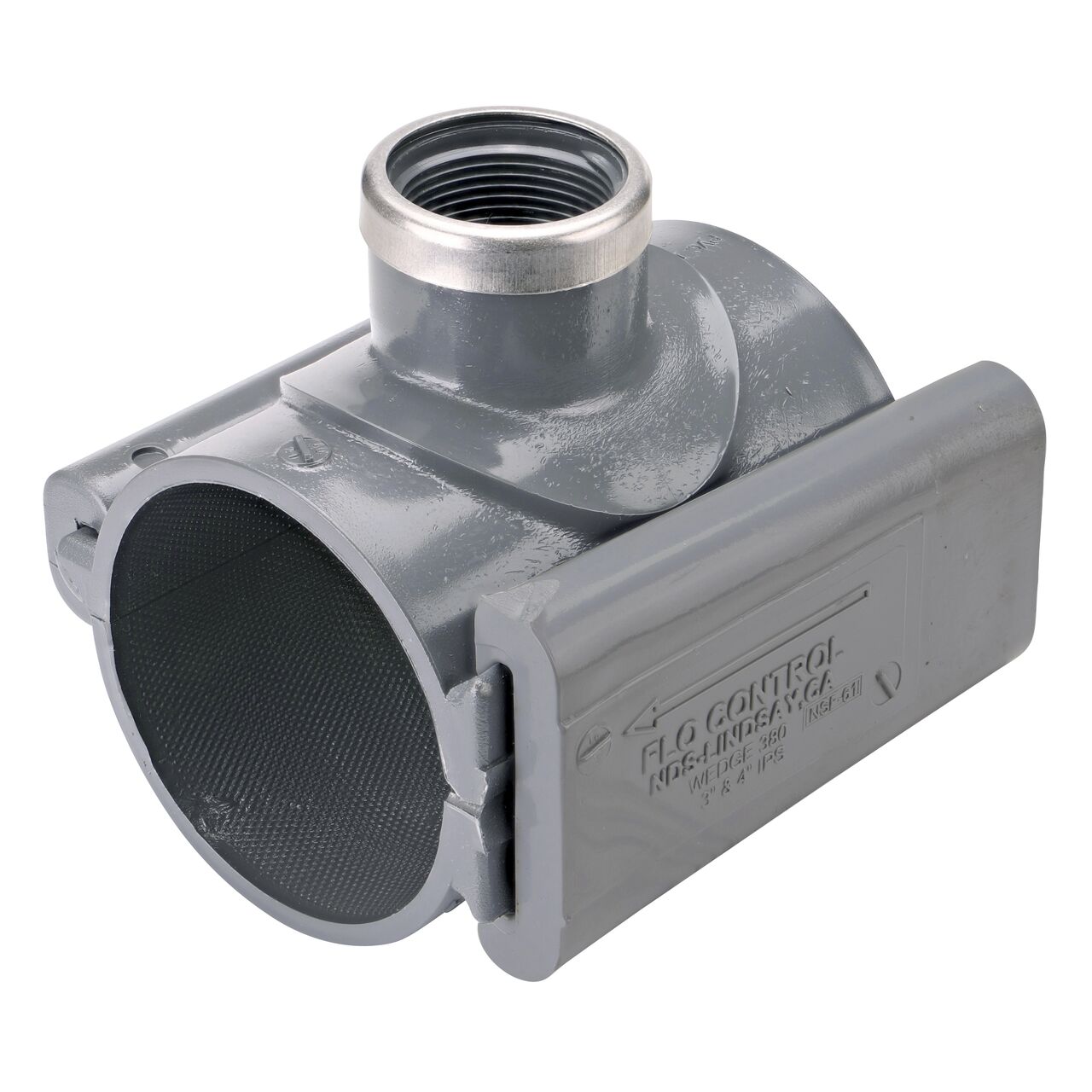 The NDS Clamp-It™ Rigid PVC Saddle with 1-1/4 in. FPT connection on top (NDS 443012) for 3 in. PVC pipe has a patented wedge design to install a sprinkler irrigation system to existing pipe without any bolts