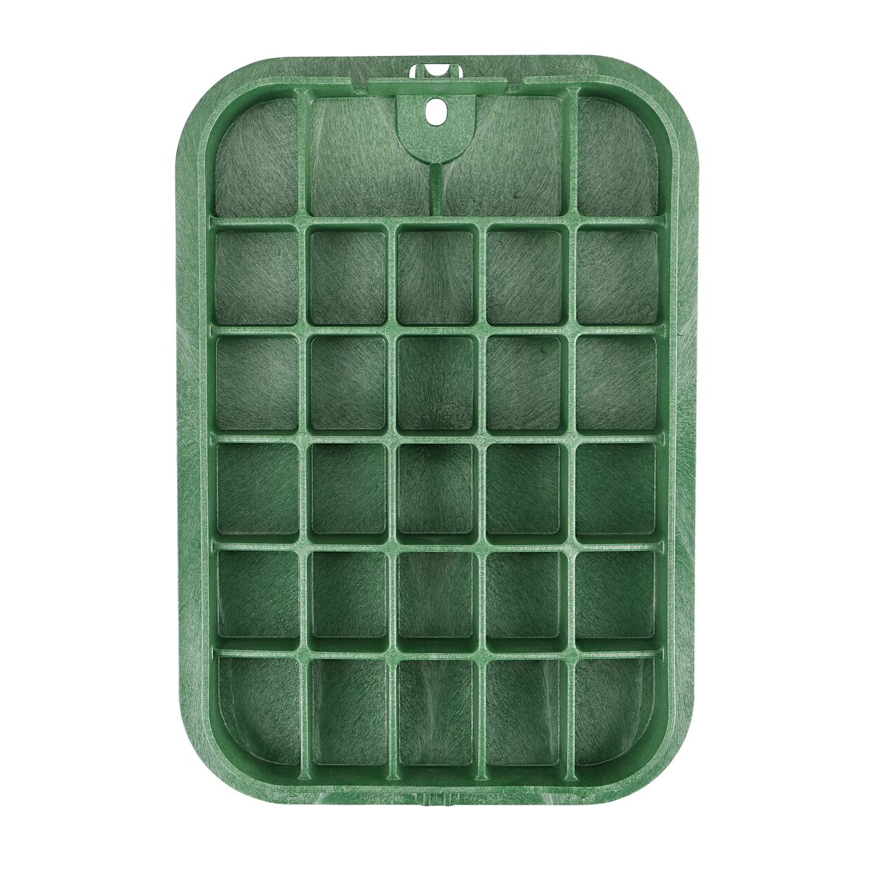 Top down view of the underside of the Green Reclaimed Water cover (NDS 313CRG) for the NDS 14 in. X 19 in. Rectangular Pro-Spec® Series valve box showing reinforcing ribs that help support pedestrian and lawn care equipment
