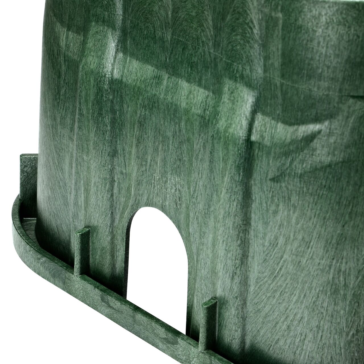 Closeup view of the pipe hole on the Green NDS 13 in. X 20 in. Rectangular Pro-Spec® Series jumbo valve box (NDS 318BC) for water and irrigation pipe connections