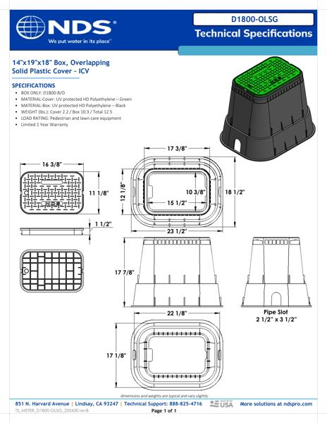 NDS 14 in. X 19 in. Rectangular D1800 Meter Box and Cover, 18 in. Height, Black Box, Green Irrigation Control Valve Cover Tech Spec