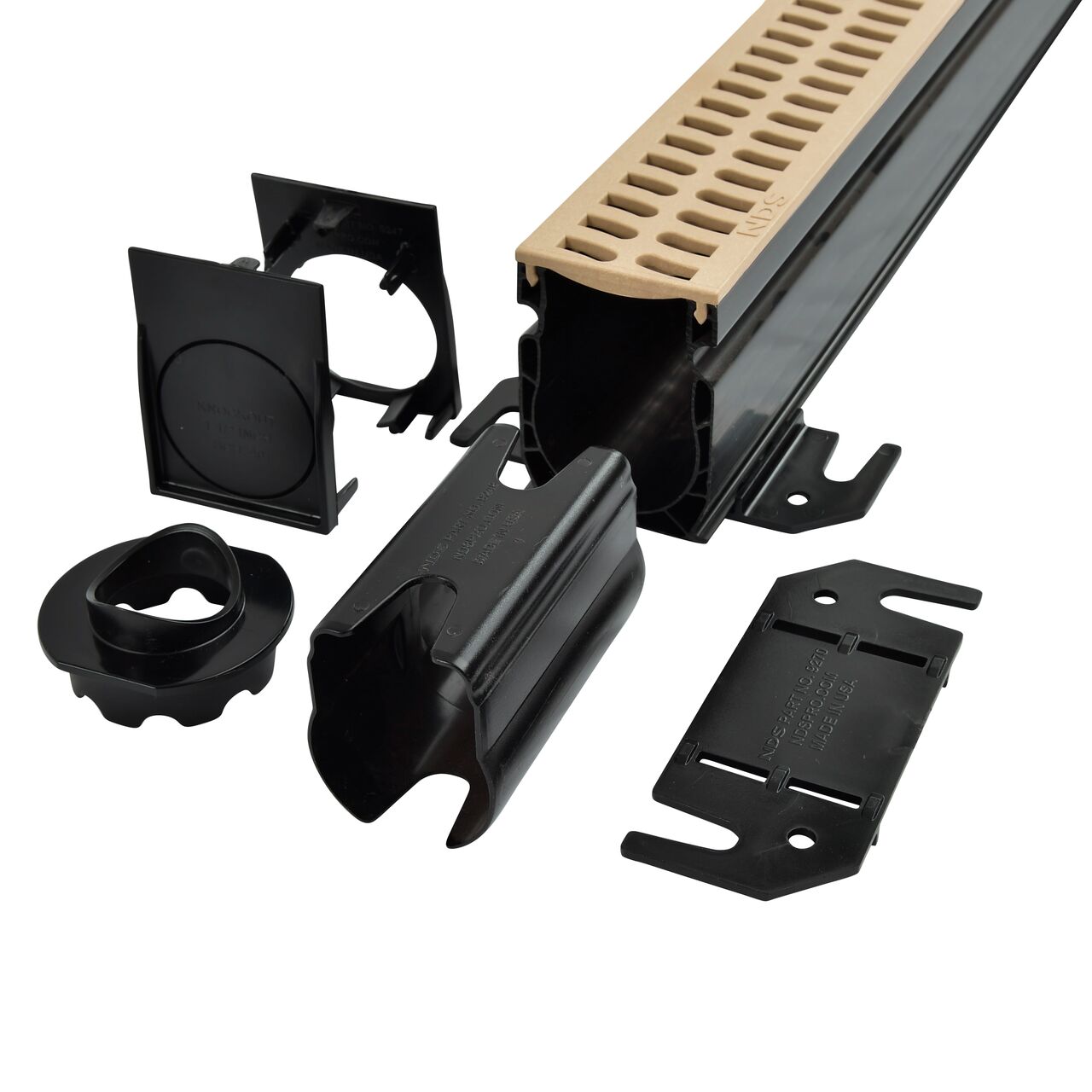 Unassembled Slim Channel™ Drain Kit, 2-1/4 in. wide X 6 ft. long with Channel, Sand Grates, End Caps, Outlets, Coupling & Anchor Clips (NDS 9206SKITRTL, NDS 9206SKIT) for pool and spa decks, concrete and paver patios, and walkways