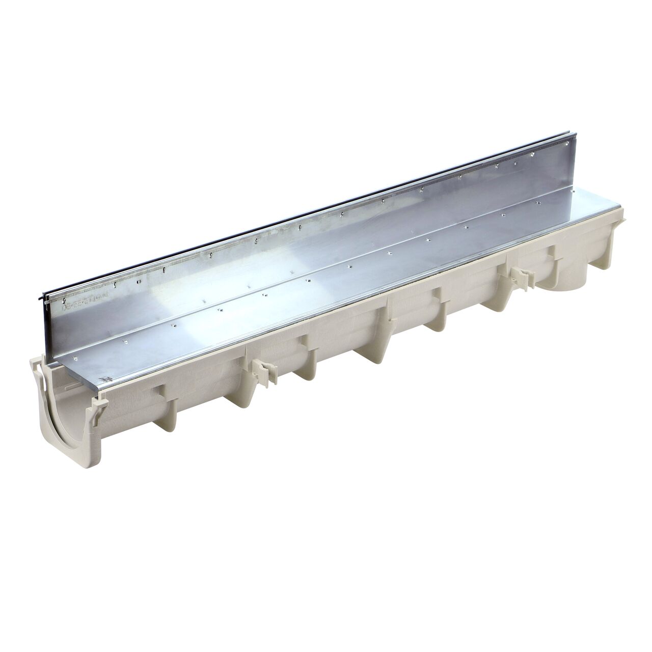 The NDS Dura Slope 4 foot Slot Top Stainless Steel Channel Grate (NDS DS-SS-ST1000) installed with the front facing and the female end of the Dura Slope Channel Drain (NDS DS-091)