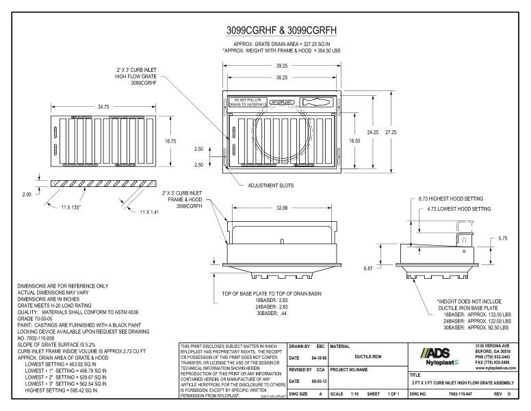 2' x 3' Curb Inlet High Flow Grate Assembly Nyloplast Detail