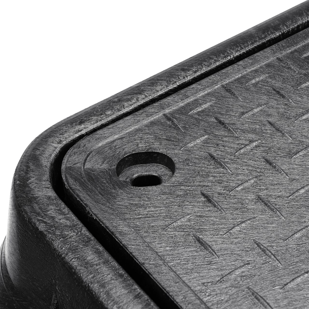 Closeup view of the reinforced edges on the NDS 17 in. X 30 in. Rectangular Standard Meter Box and Cover with Bolt (NDS 124BCDMB)