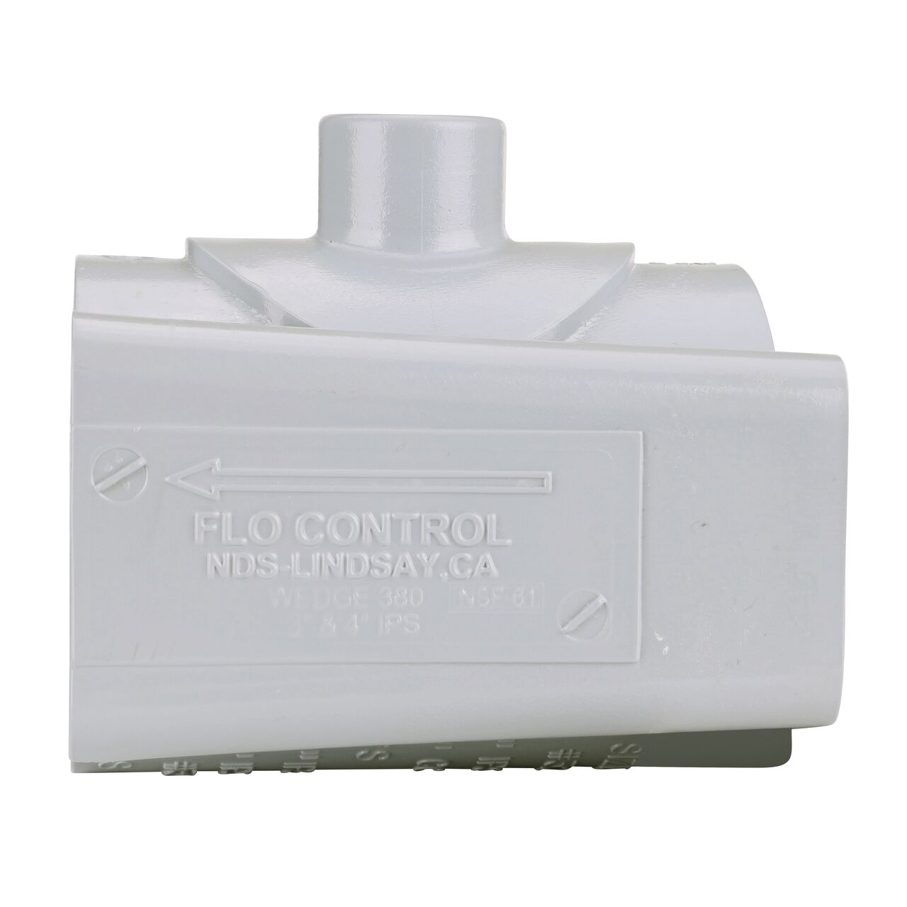 Side view showing patented wedge design in locked position on the NDS Clamp-It™ Rigid PVC Saddle with 3/4 in. slip connection on top (NDS 453007) for 3 in. PVC pipe